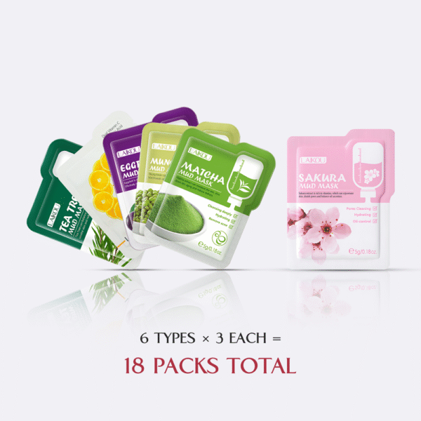 Face Mask Set - Total 18 Packs - 6 Types, 3 Packs Per Type - Laikou Mud Masks