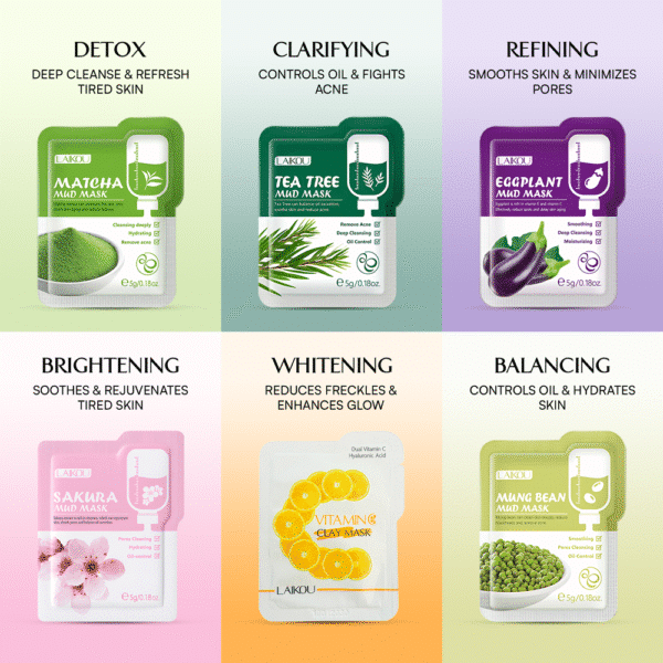 Face Mask Set - Total 18 Packs - 6 Types, 3 Packs Per Type - Laikou Mud Masks - Image 2
